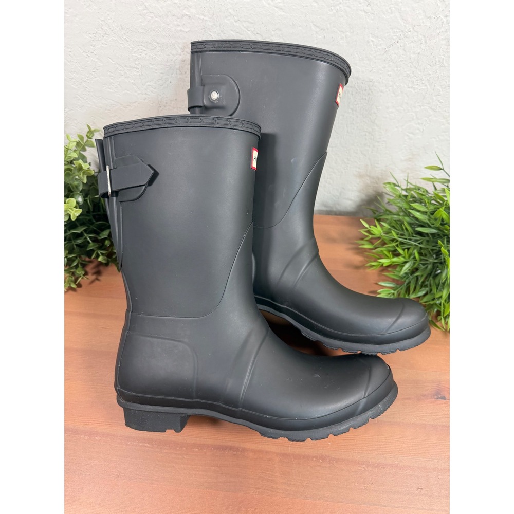Hunter Womens Original Short Back Adjustable Boot Black Matte Rain Boots Size 10